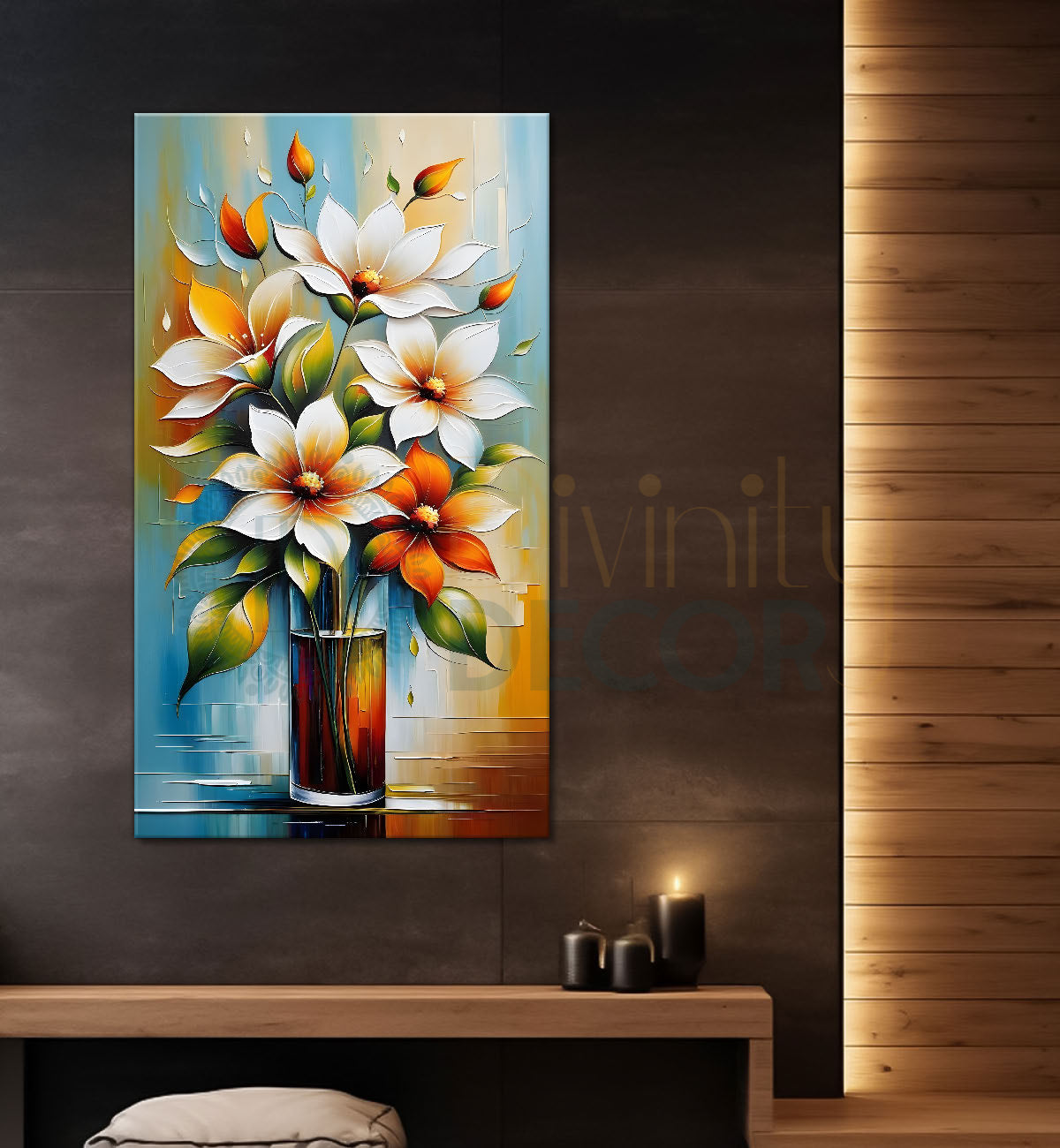 White and orange flower in colourful textured painting- Flower-V-131