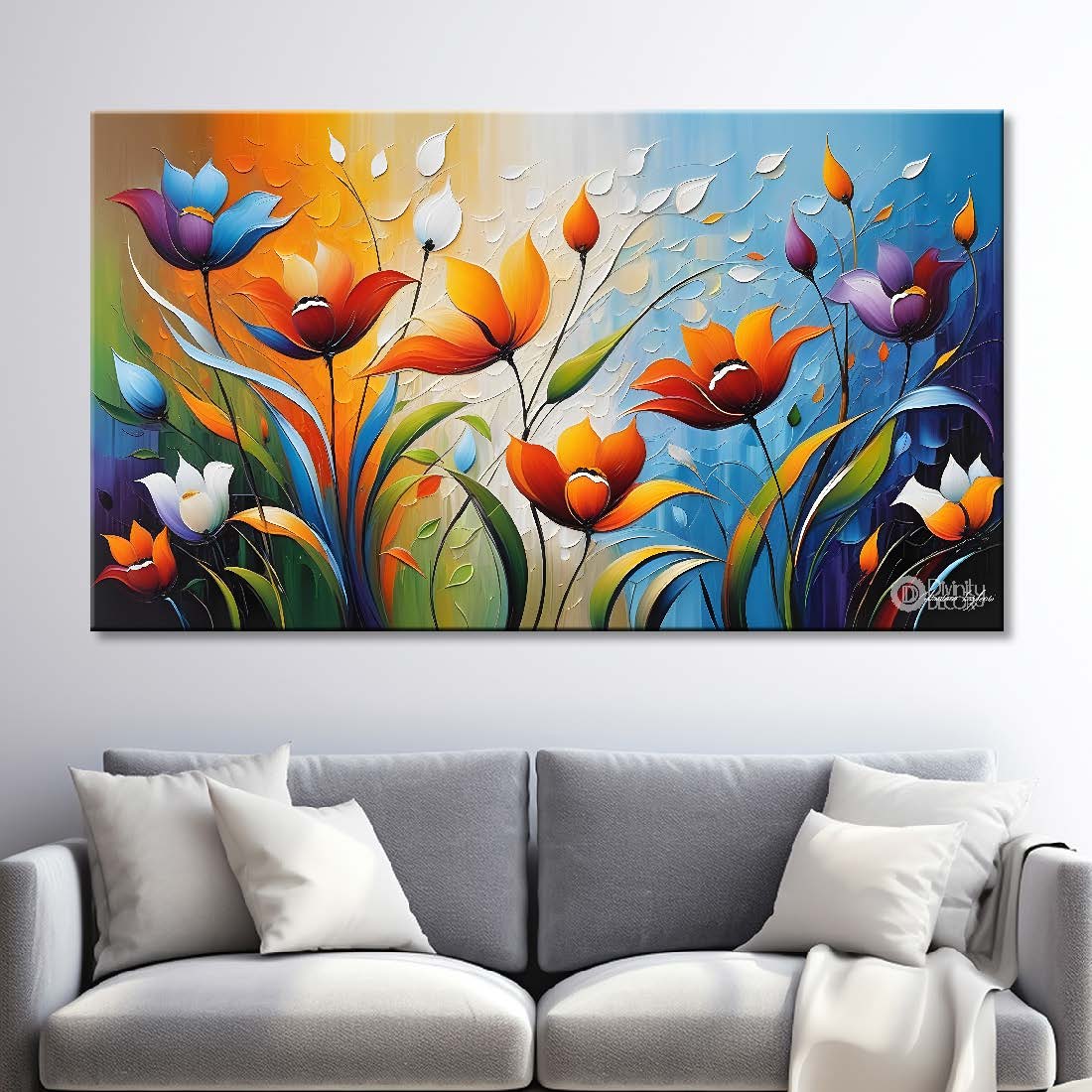 Orange flowers with blue textured background painting- Design - Flower-132