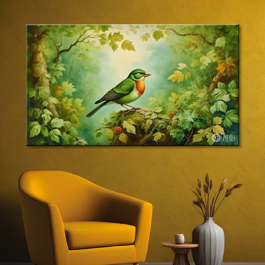 Green bird with trees and green background textured art. - Design - Animal - 132