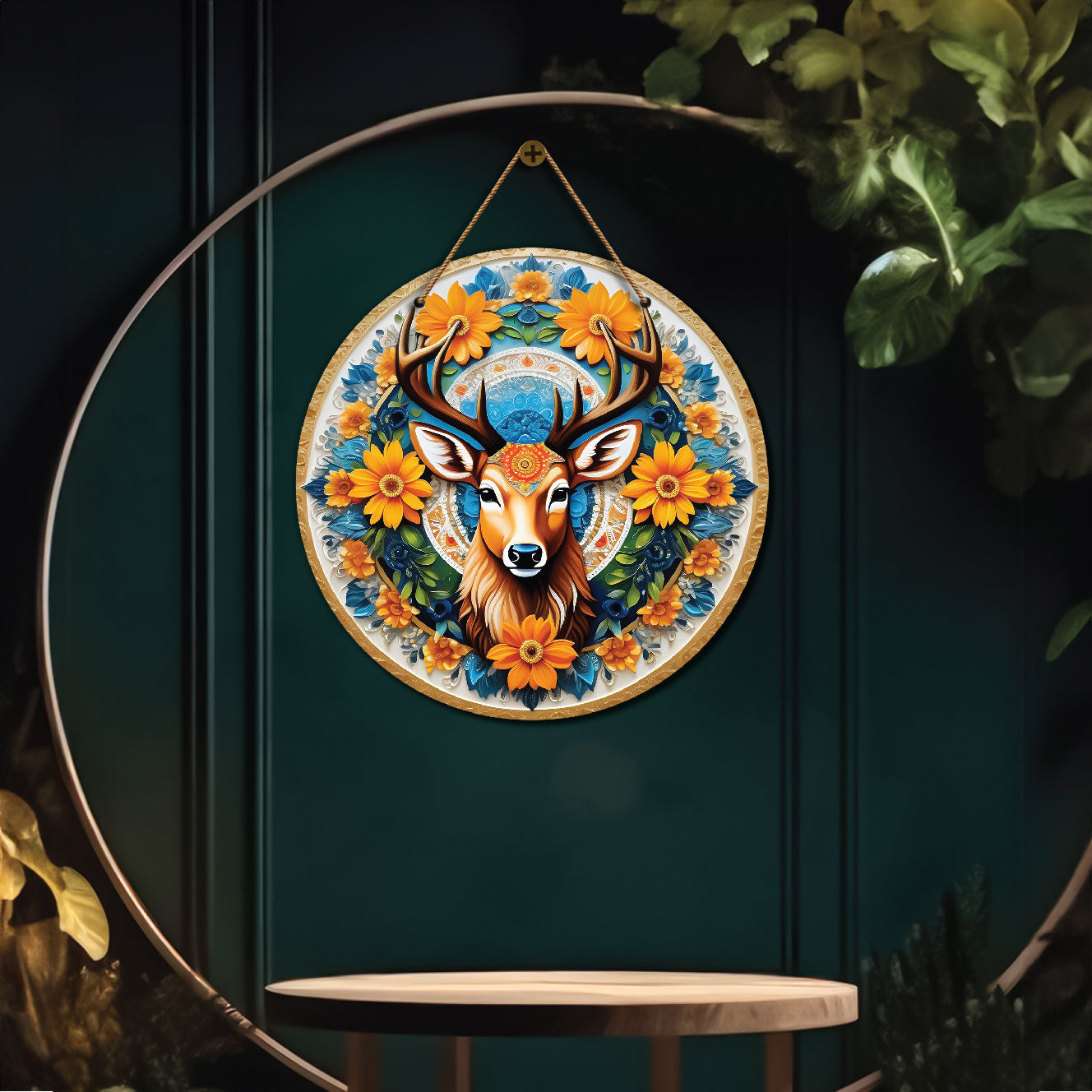 Deer in green and floral mandala Round Wooden Wall Hanging for wall Décor - Design - 132