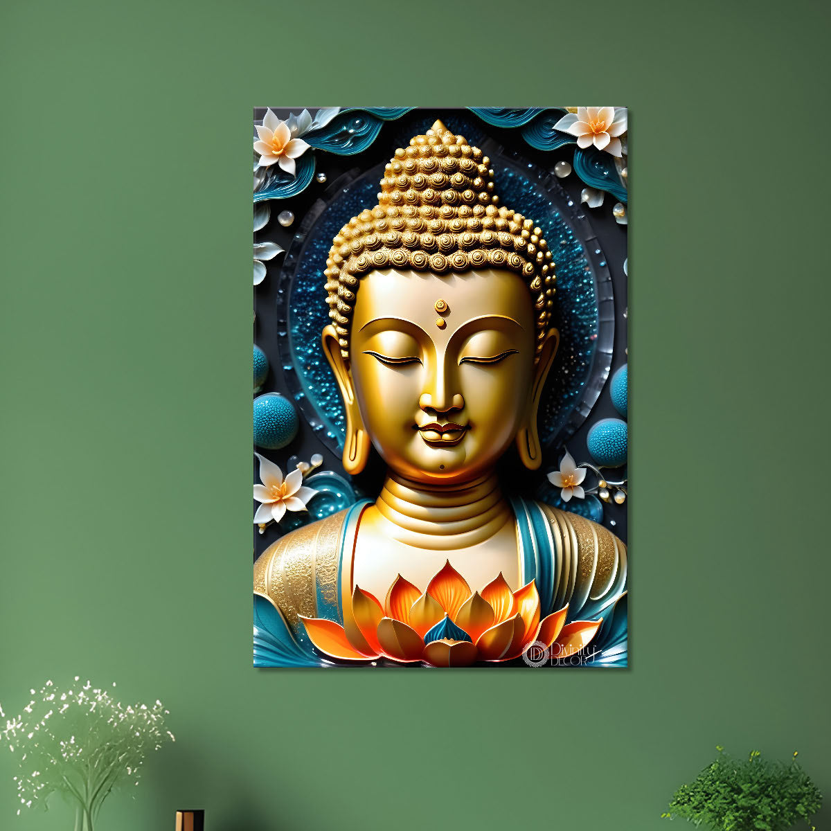 Golden buddha with flower and blue background  - Buddha-V-132