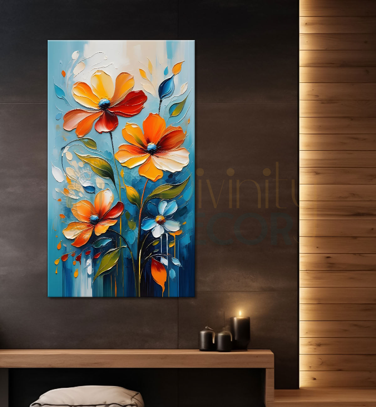 Orange flower in colourful textured painting- Flower-V-132