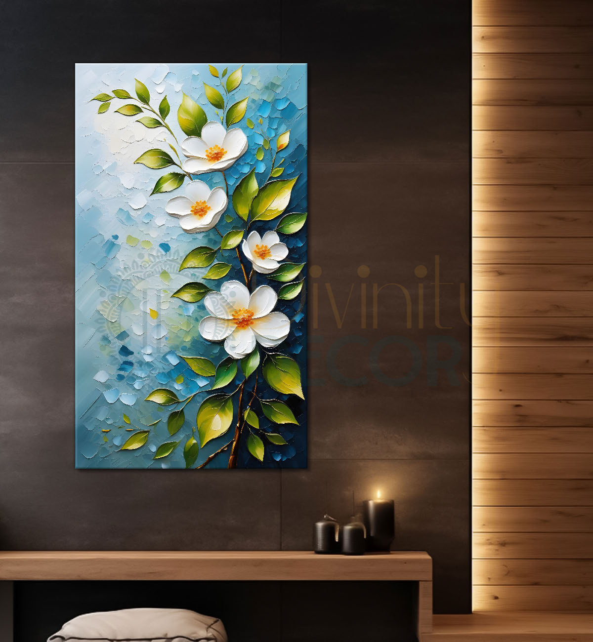 White flowers in sky blue textured background painting- Flower-V-133