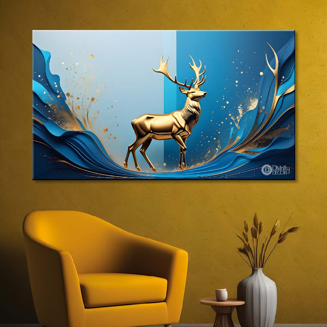 Golden deer with blue background textured art.- Design - Animal -133