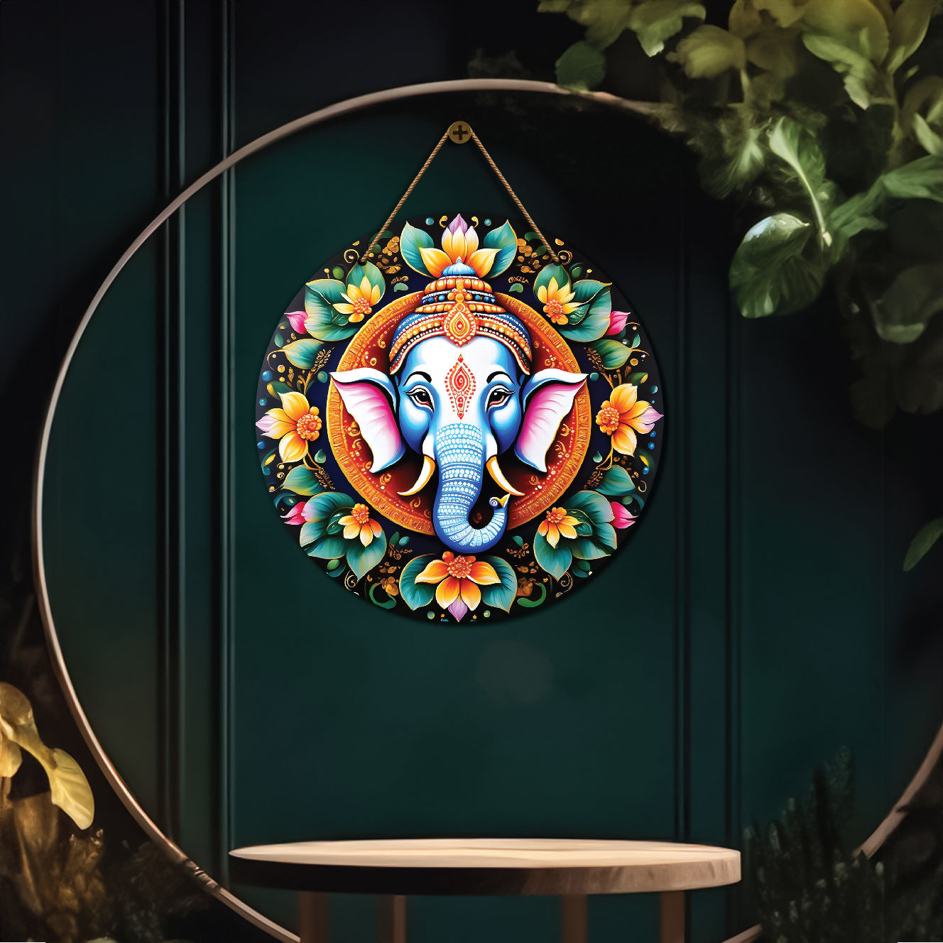 Ganesh Ji in green and yellow mandala Round Wooden Wall Hanging for wall Décor - Design - 133