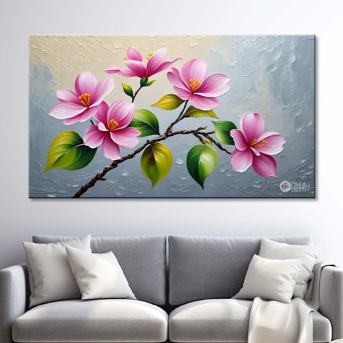 Pink flowers with grey textured background painting- Design - Flower-134