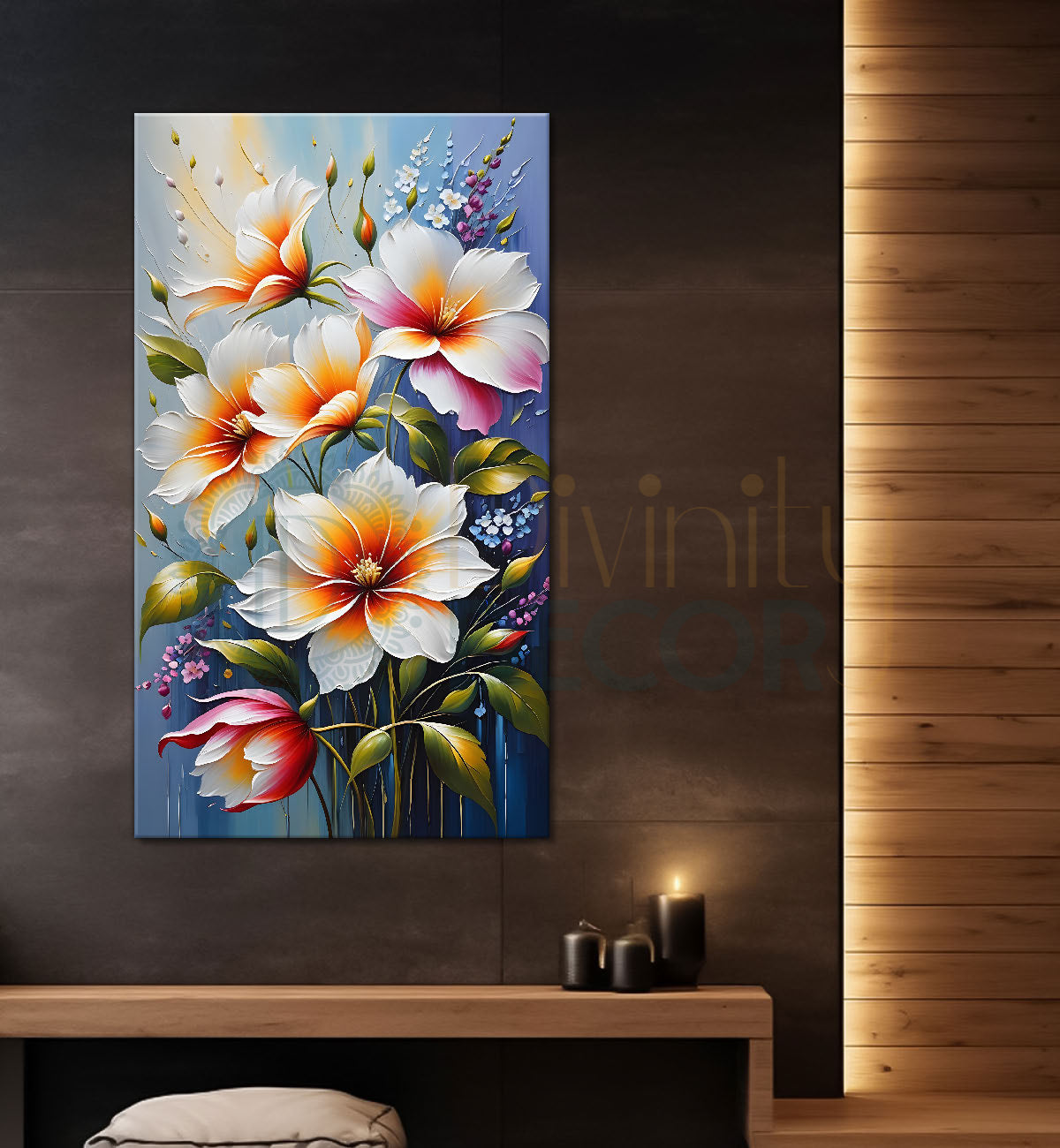 White flowers in grey textured background painting- Flower-V-134