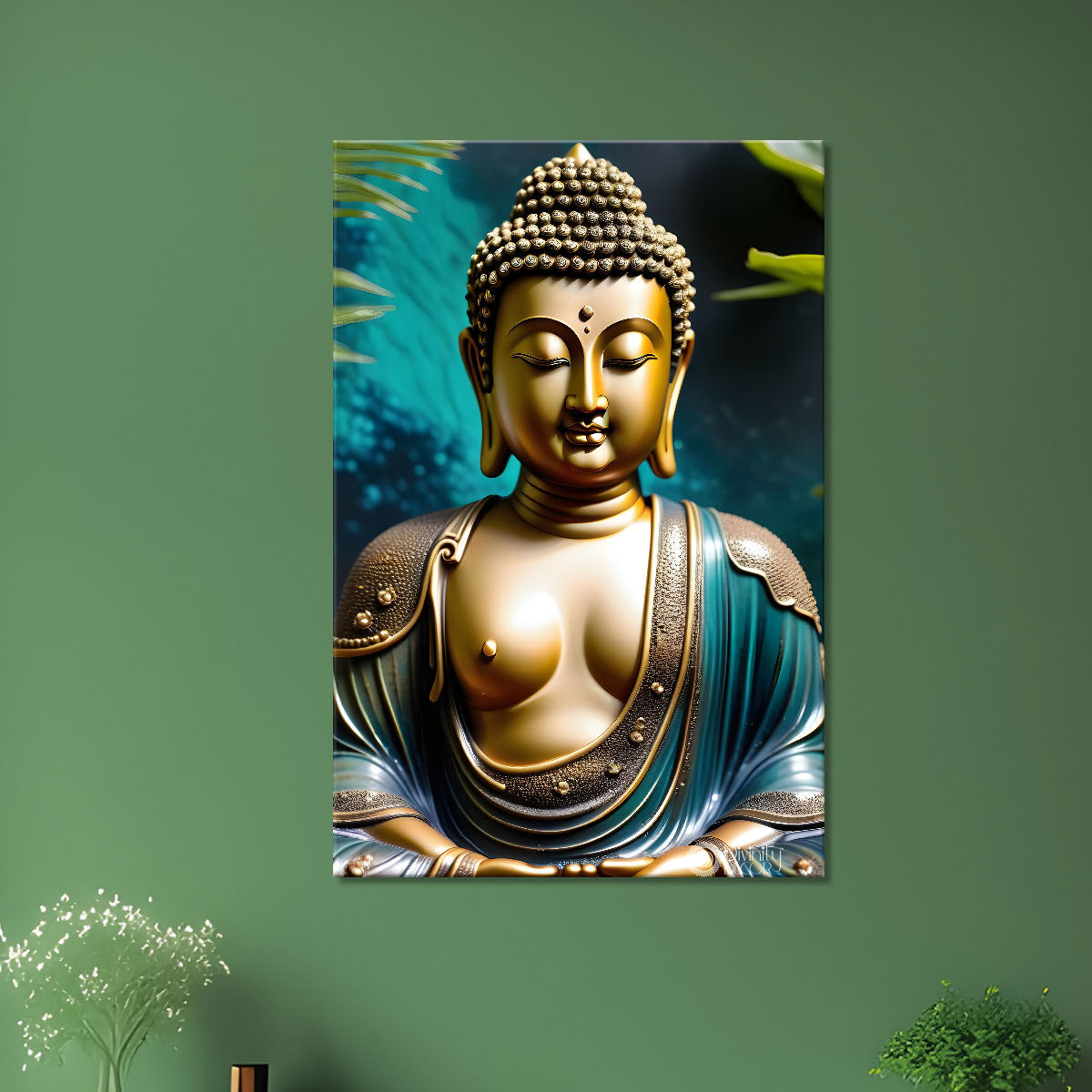 Golden textured buddha with blue background - Buddha-V-134