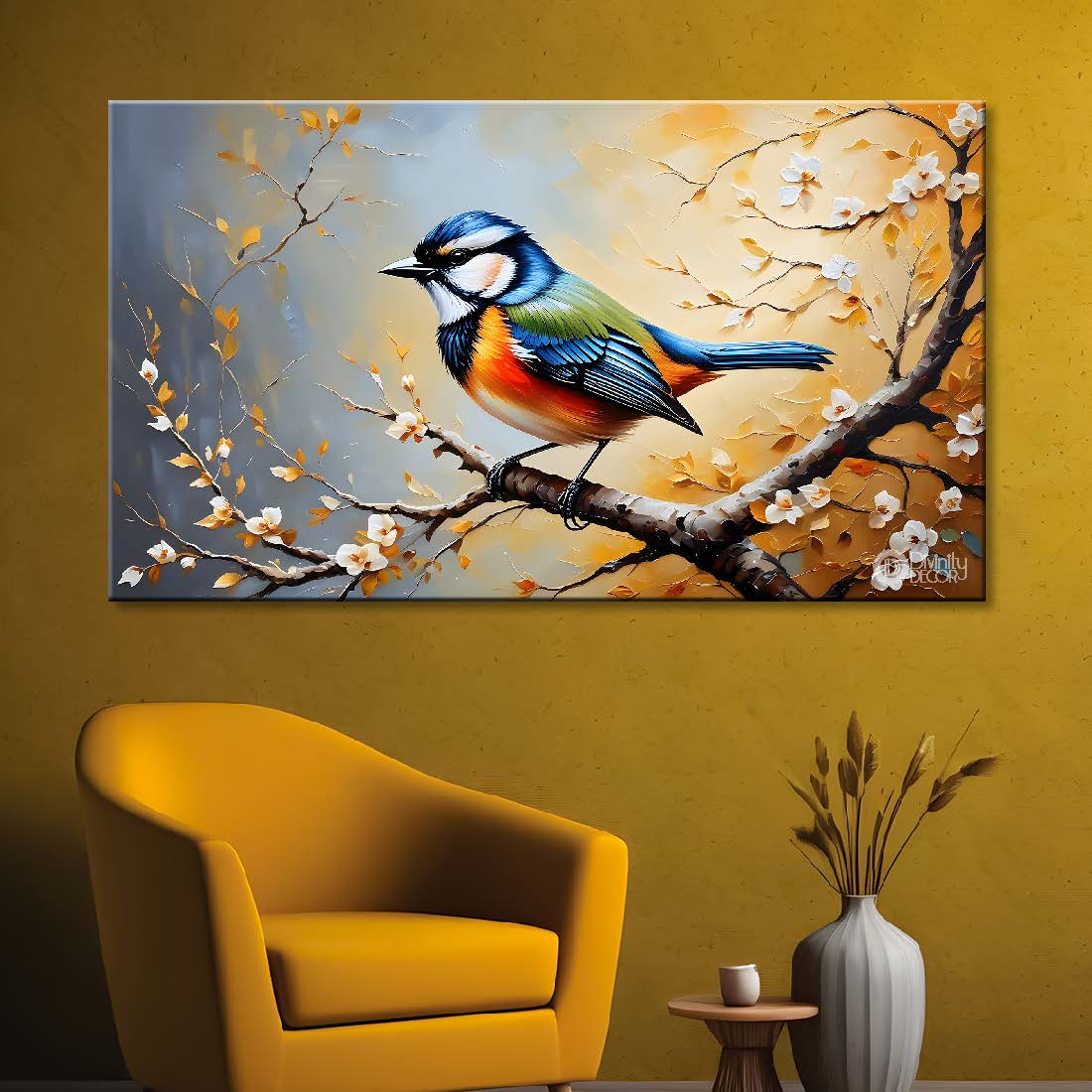 Bird on the branch with green leaves in grey background textured art. - Design - Animal - 134