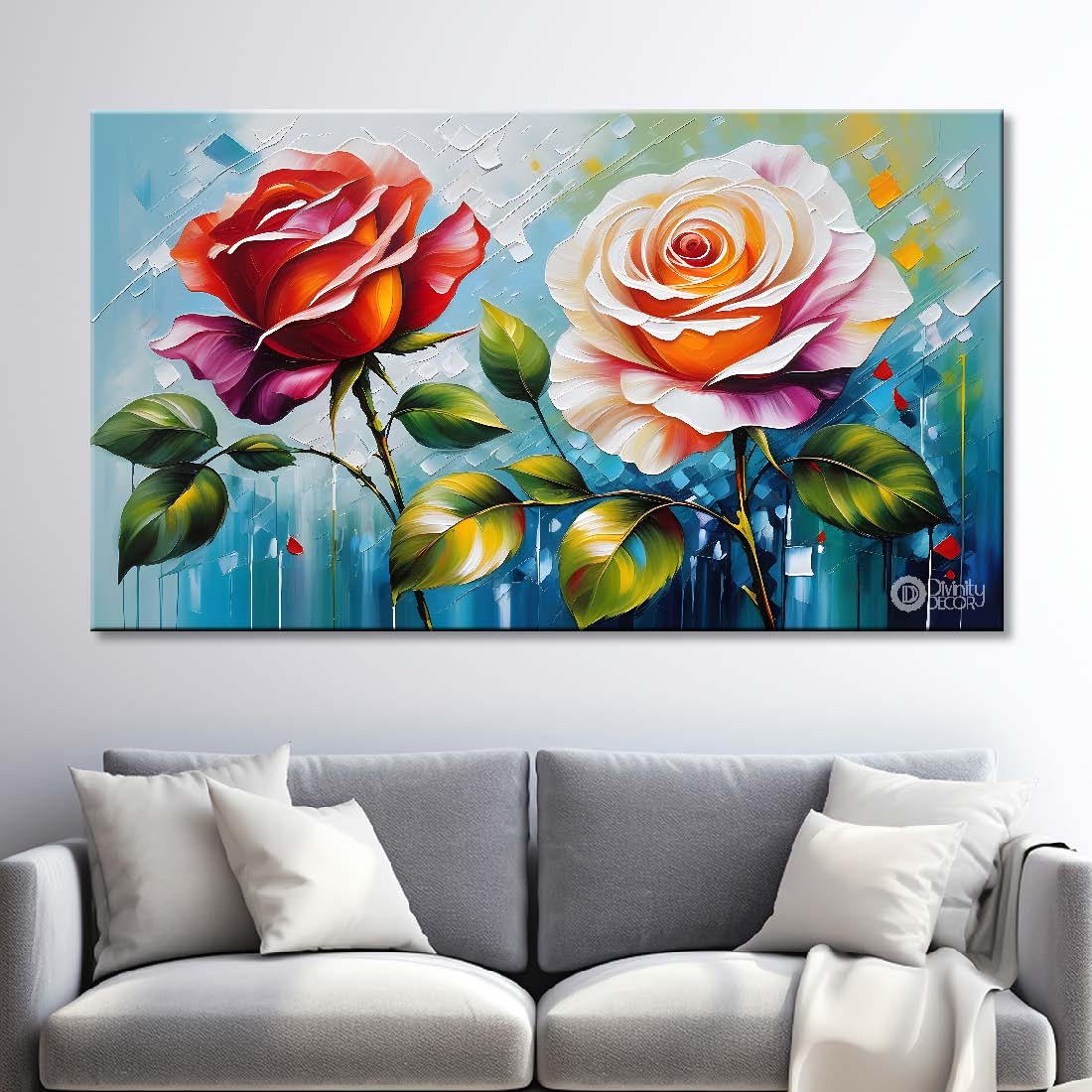 Pink and red flowers with blue textured background painting- Design - Flower-135