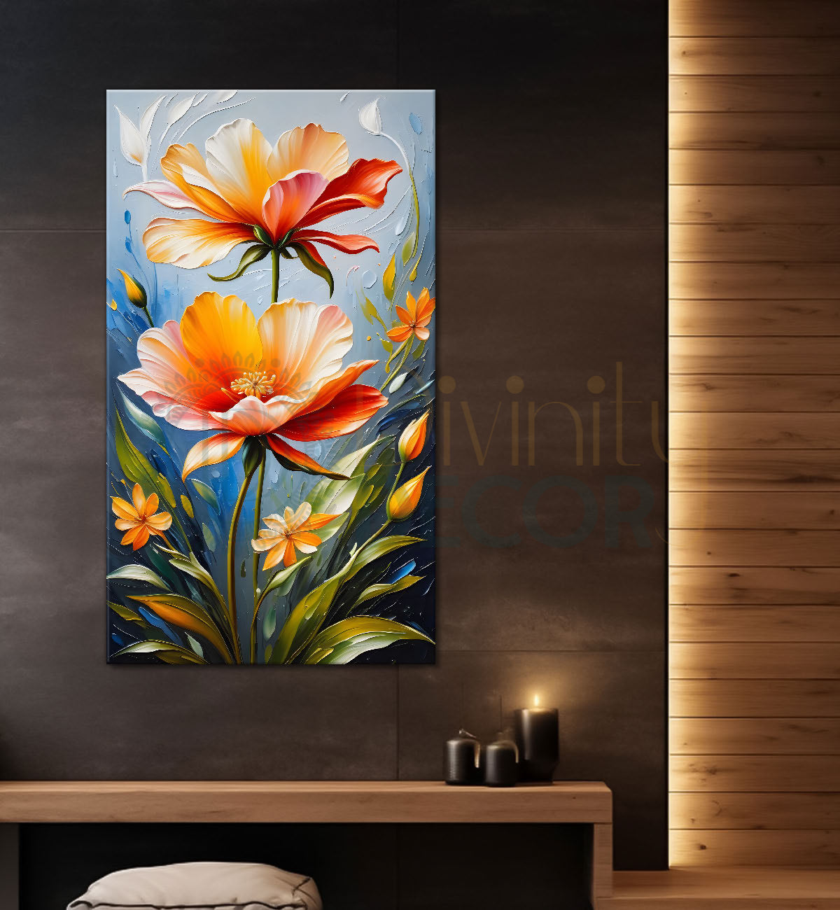 Orange flowers in sky blue textured background painting- Flower-V-135