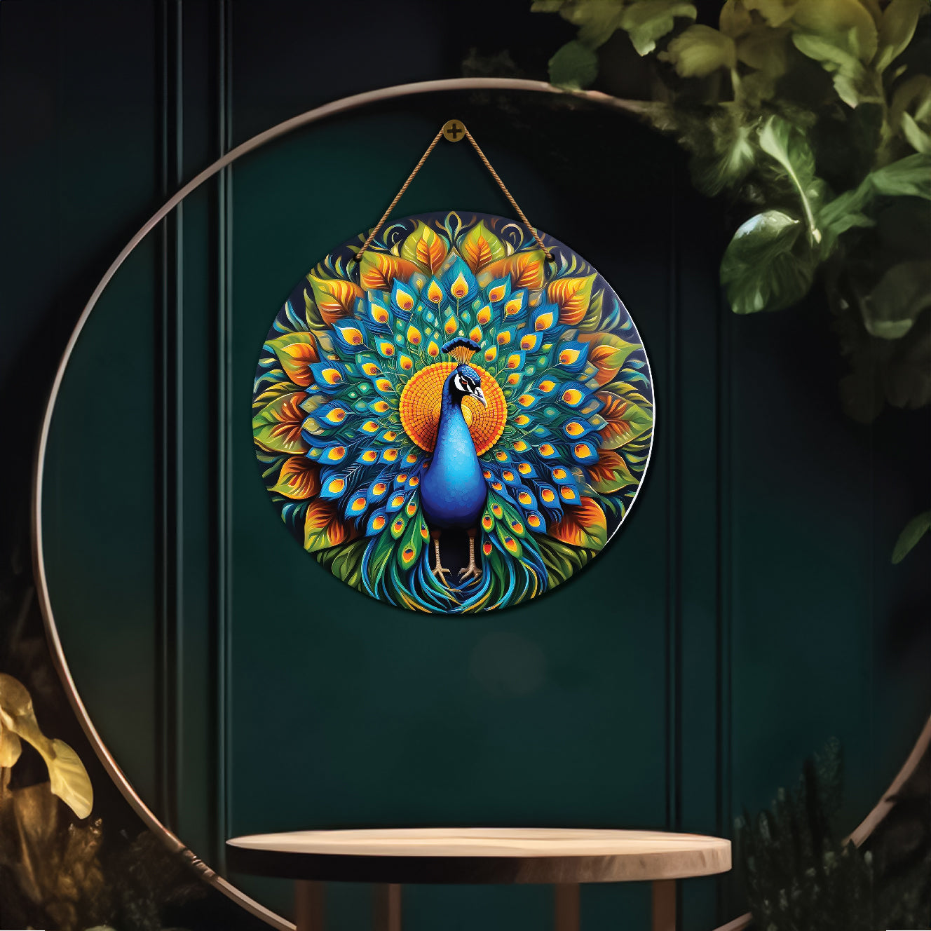 Peacock in green and yellow mandala Round Wooden Wall Hanging for wall Décor - Design - 135
