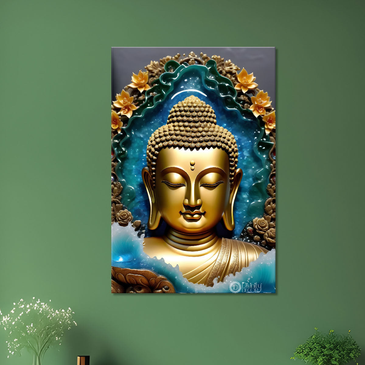 Golden textured buddha with blue background - Buddha-V-135