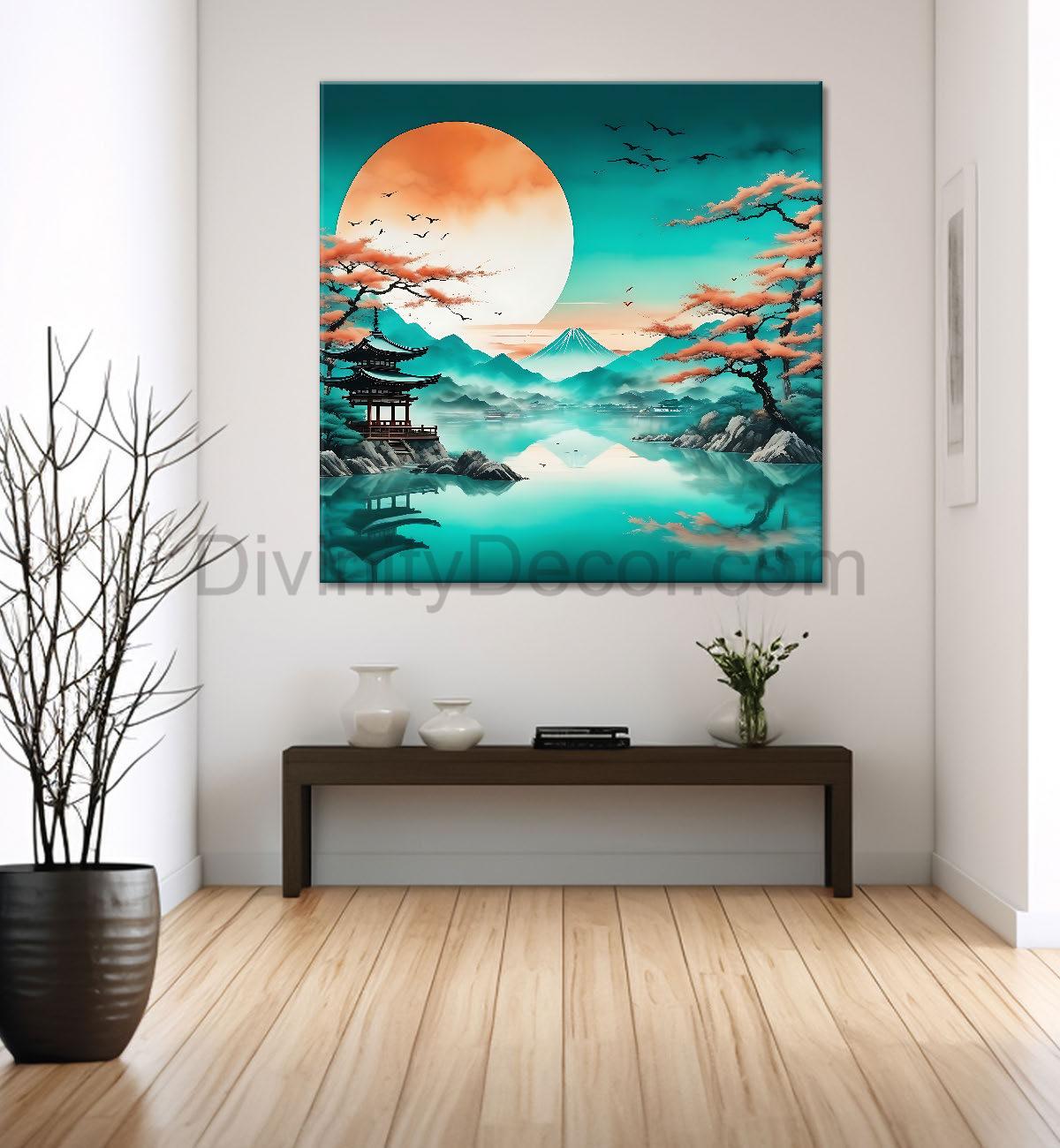 Mountains with moon aqua texture painting 24X24  - Nature Art -S-135