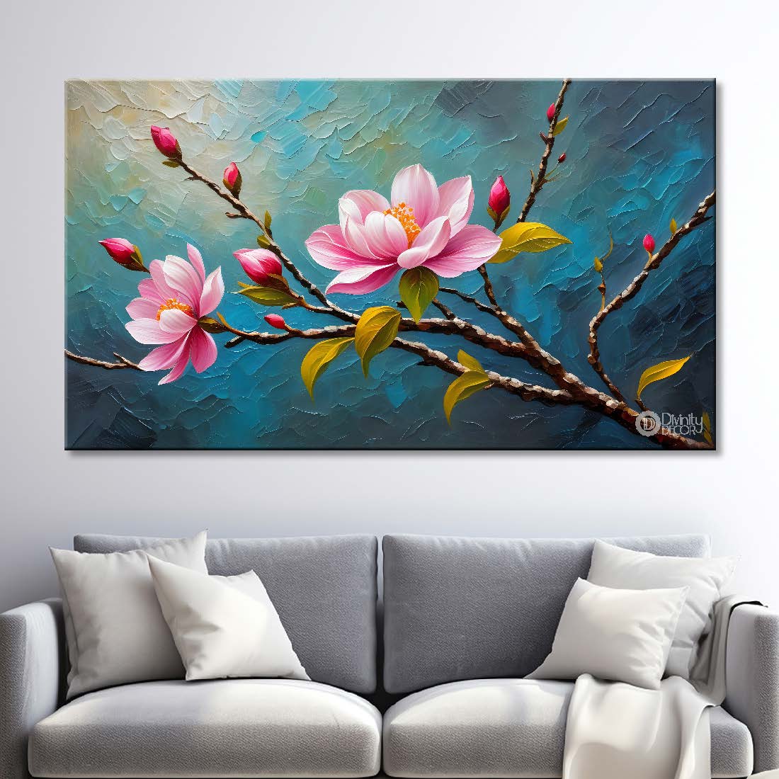 Pink flowers with blue textured background painting- Design - Flower-136