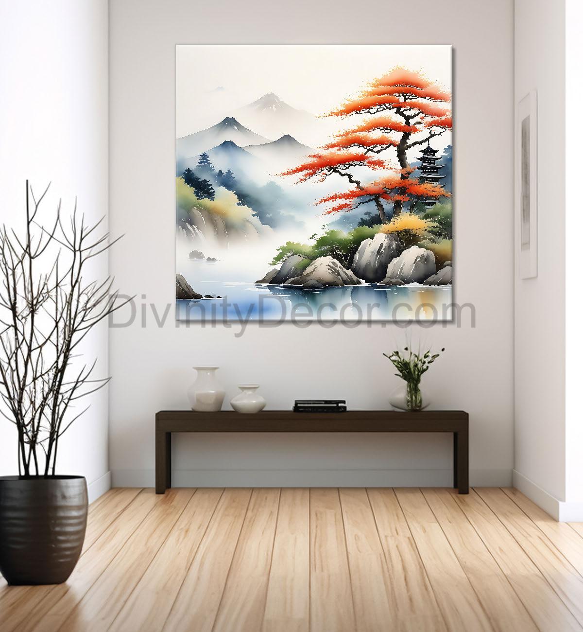 Mountains with orange tree painting 24X24  - Nature Art -S-136
