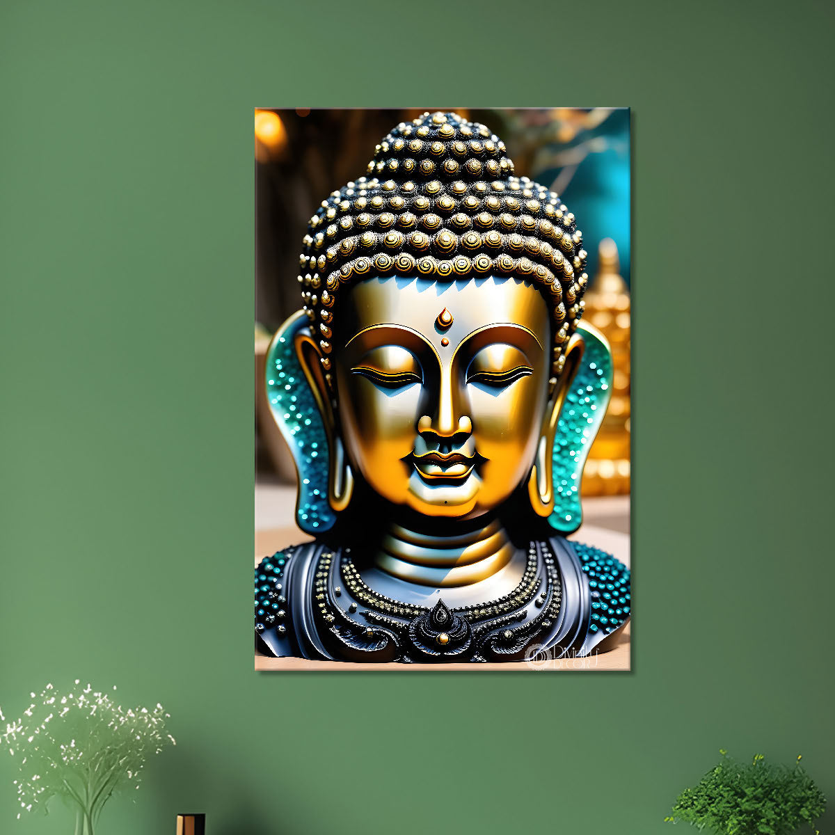 Golden textured buddha with blue background - Buddha-V-136
