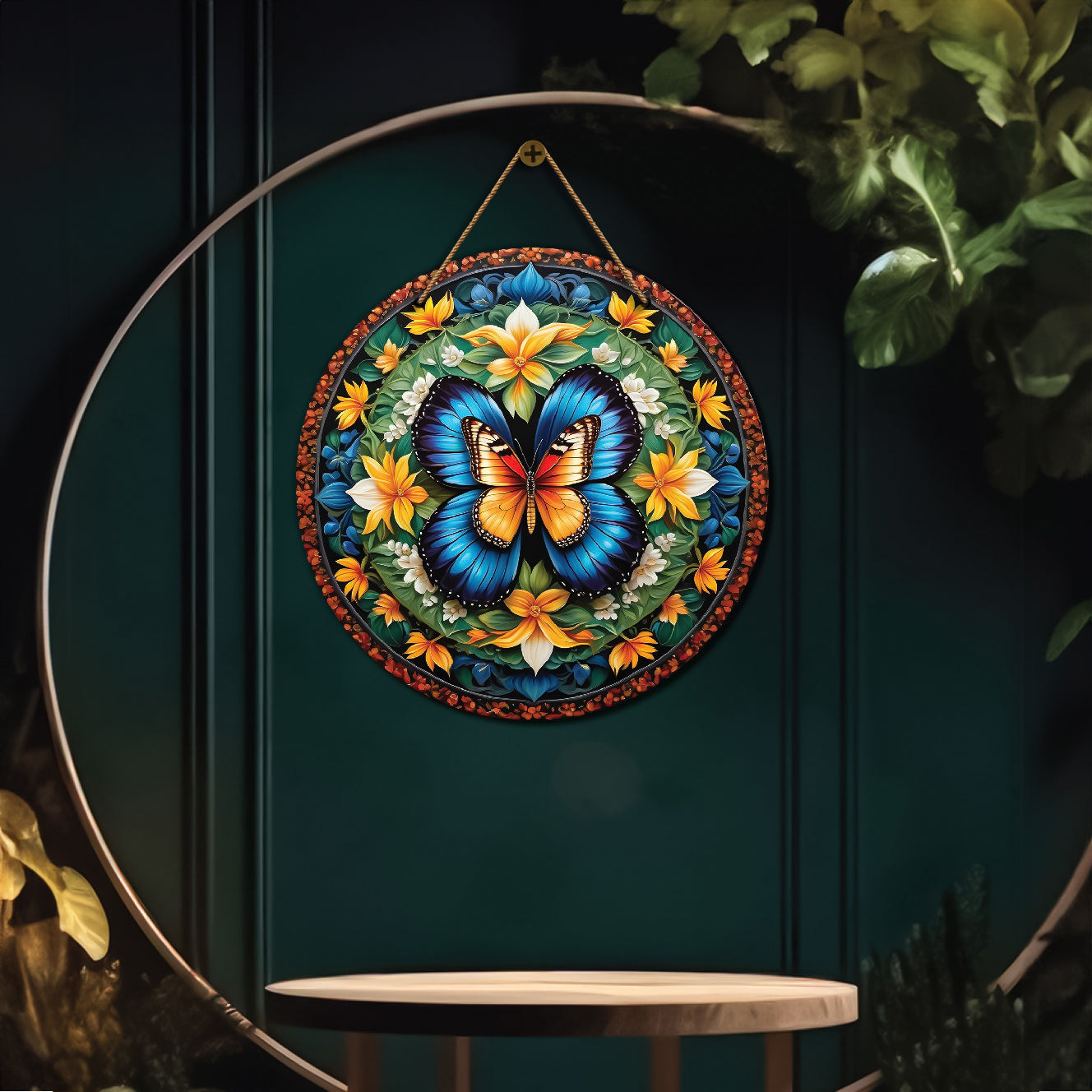 Butterfly in green and yellow mandala Round Wooden Wall Hanging for wall Décor - Design - 136