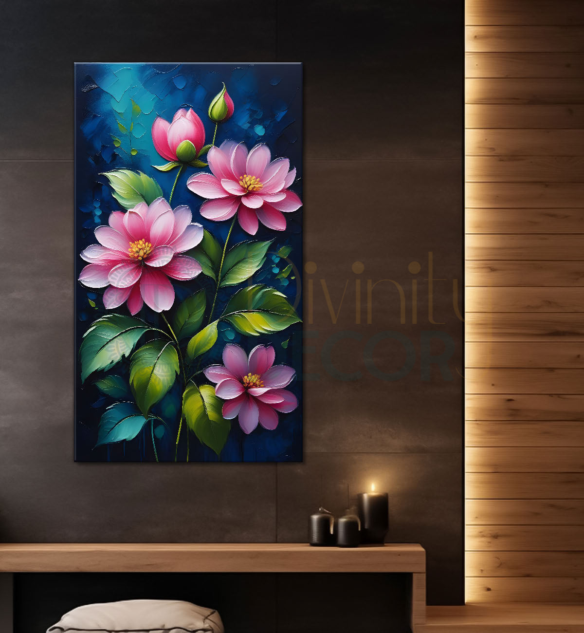 Pink flowers in navy blue textured background painting- Flower-V-136