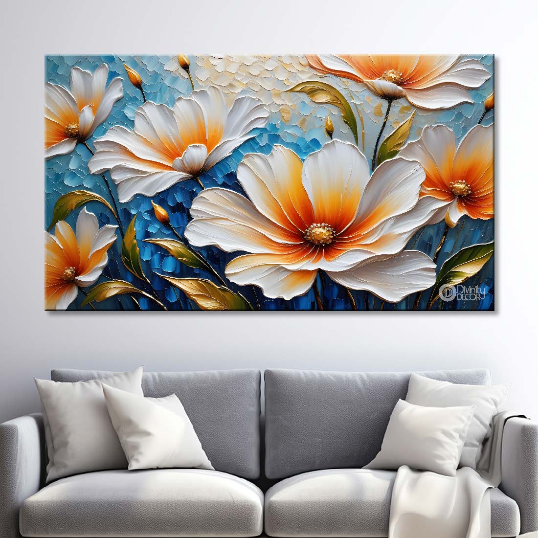 White flowers with blue textured background painting- Design - Flower-137