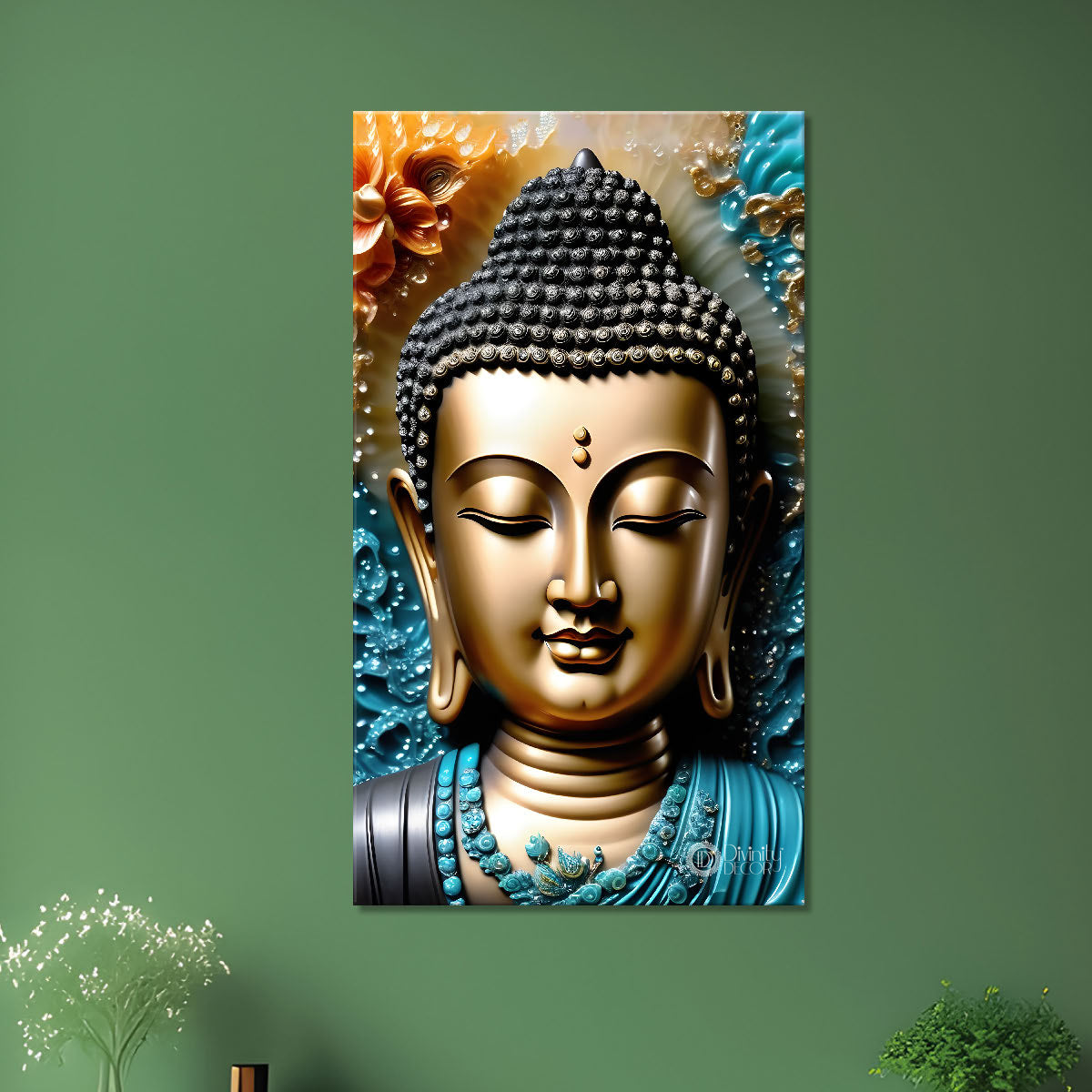Golden textured buddha with blue background - Buddha-V-137