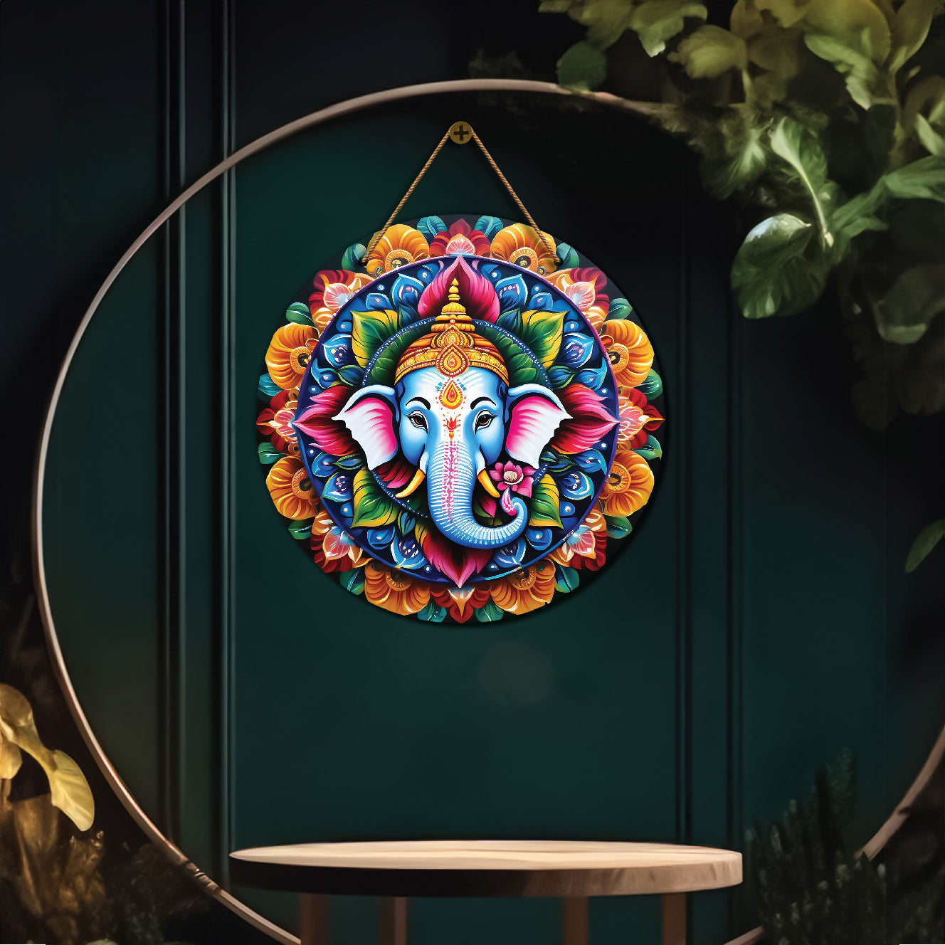 Ganesh Ji in orange and pink mandala Round Wooden Wall Hanging for wall Décor - Design - 137