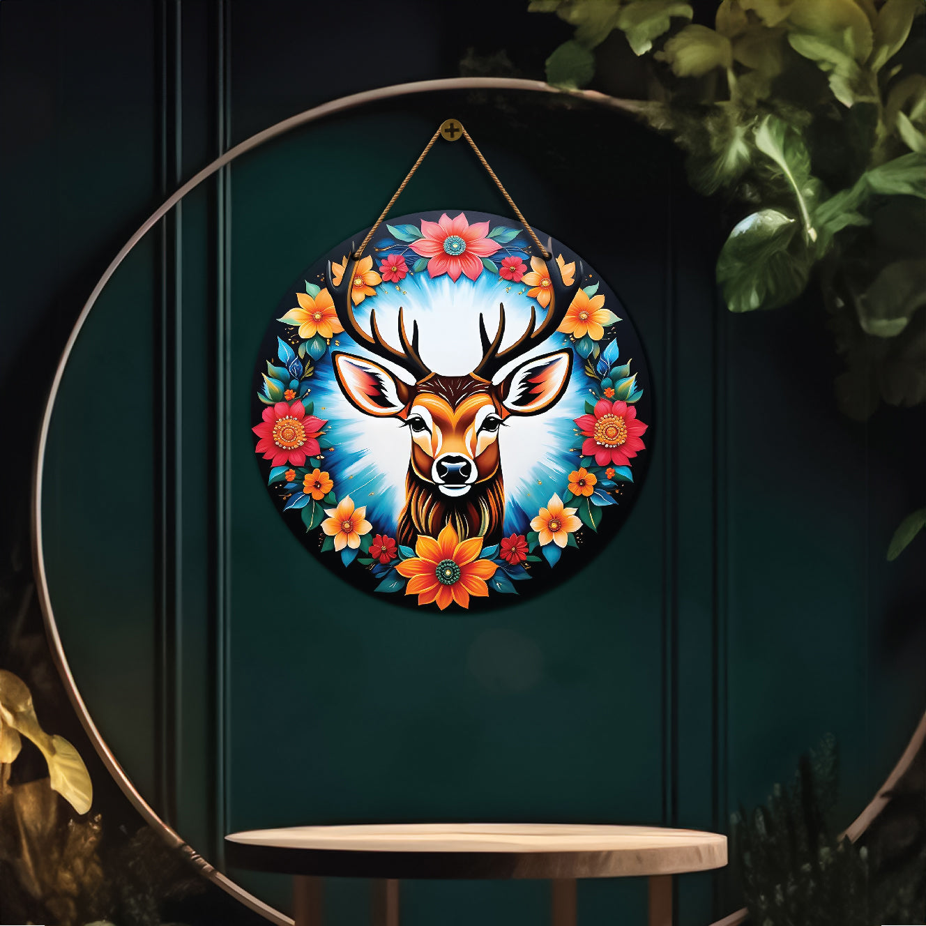 Deer in floral and black mandala Round Wooden Wall Hanging for wall Décor - Design - 138