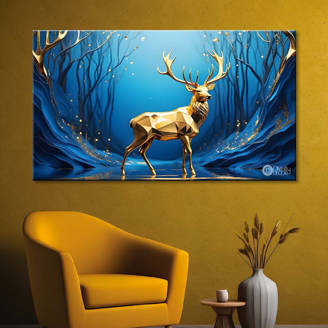 Golden deer with navy blue background textured art.- Design - Animal -138