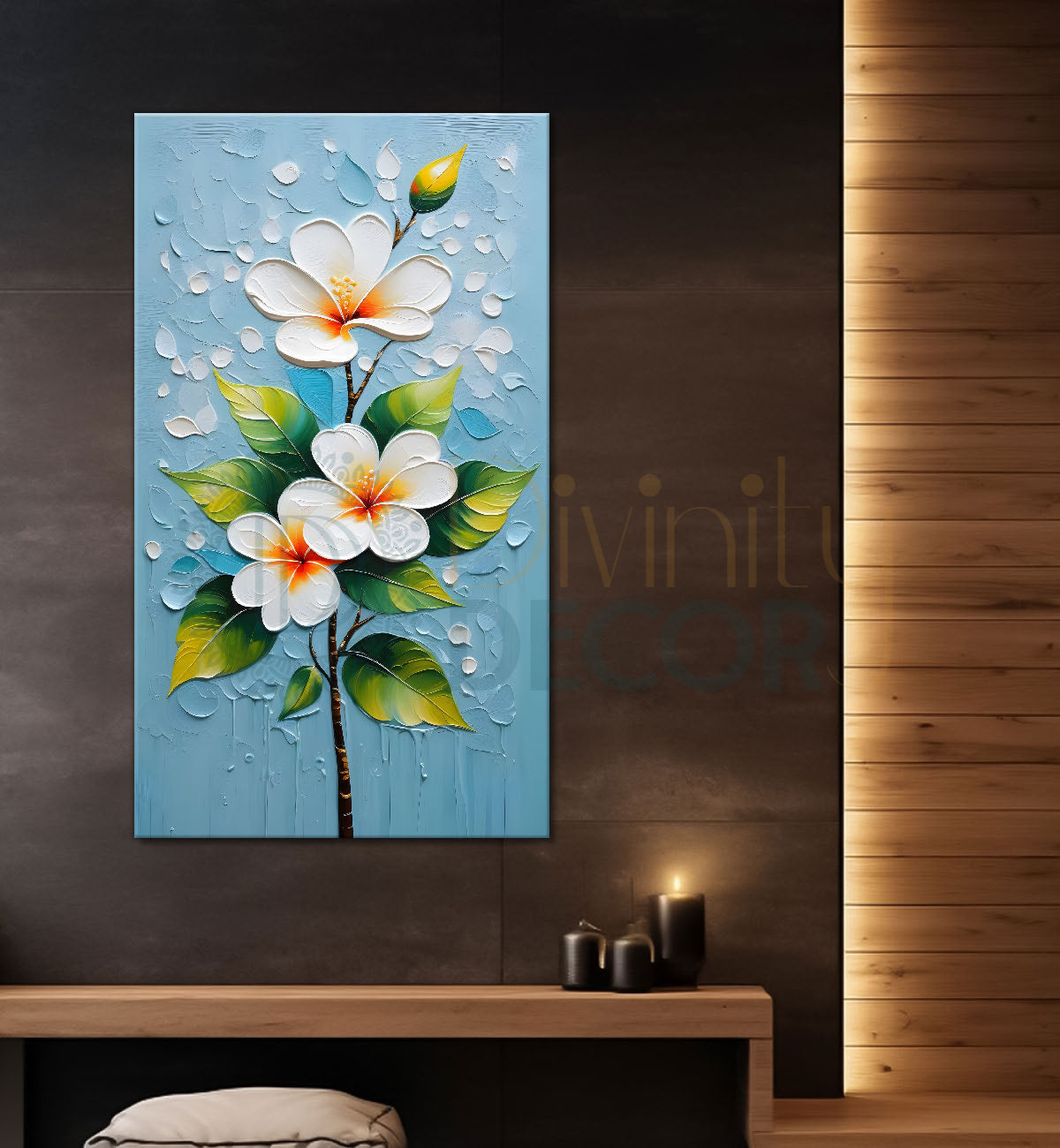 White flowers in sky blue textured background painting- Flower-V-138