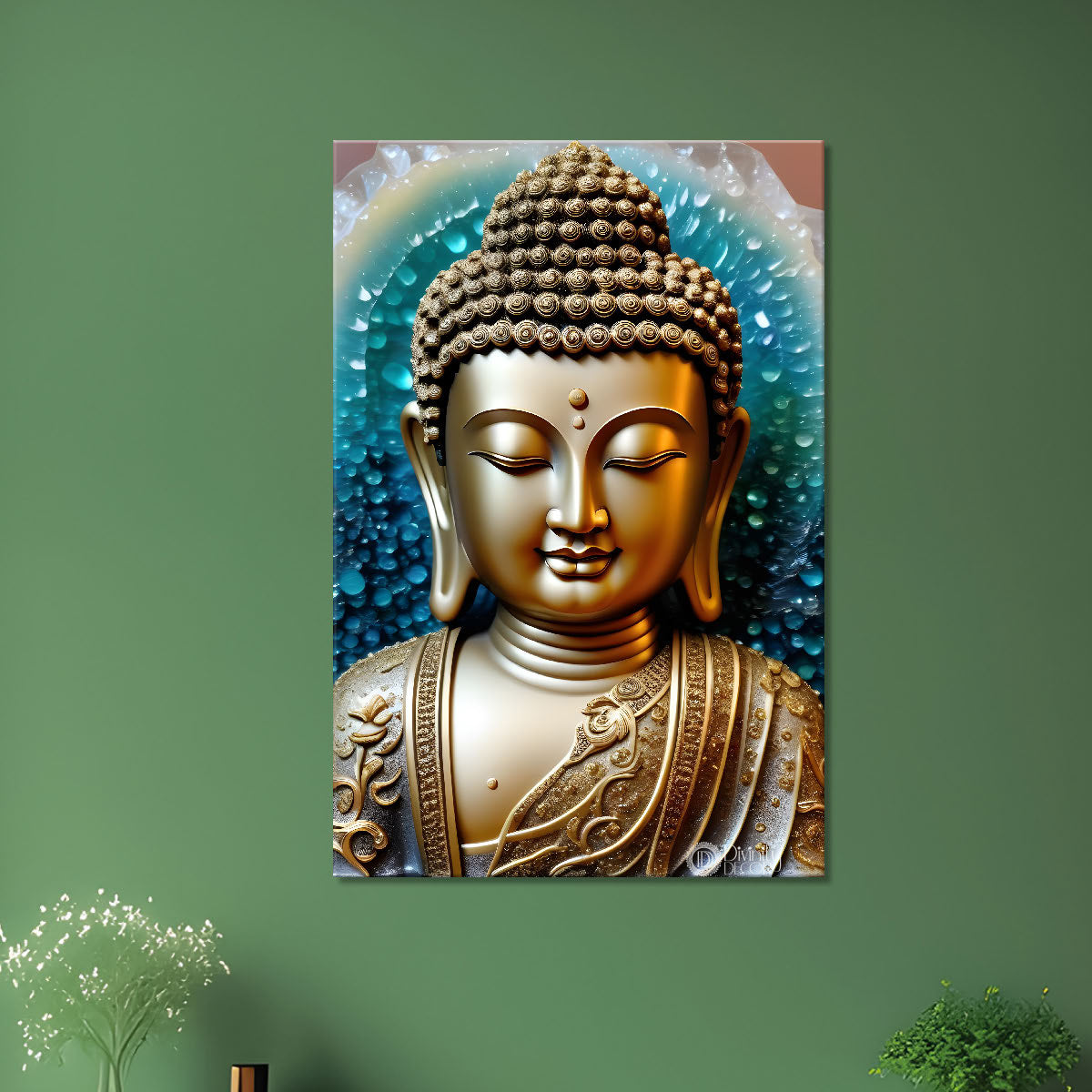 Golden textured buddha with blue background - Buddha-V-138