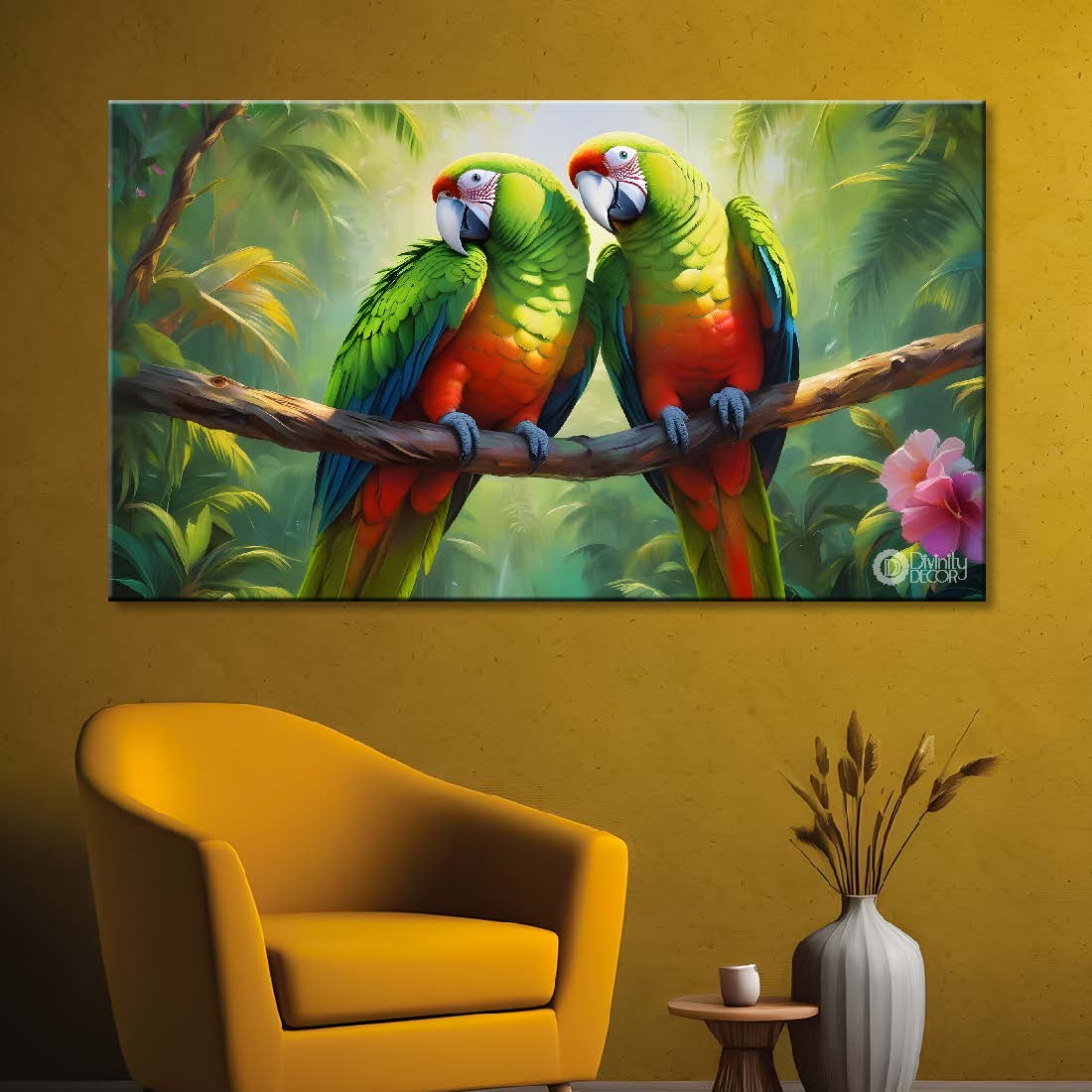 Two parrots on the branch with green background textured art. - Design - Animal - 139