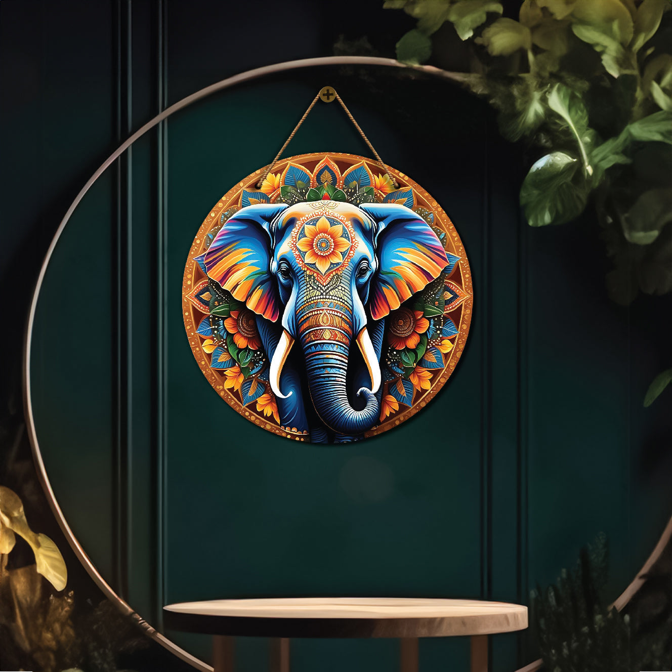 Elephant in yellow and golden mandala Round Wooden Wall Hanging for wall Décor - Design - 139