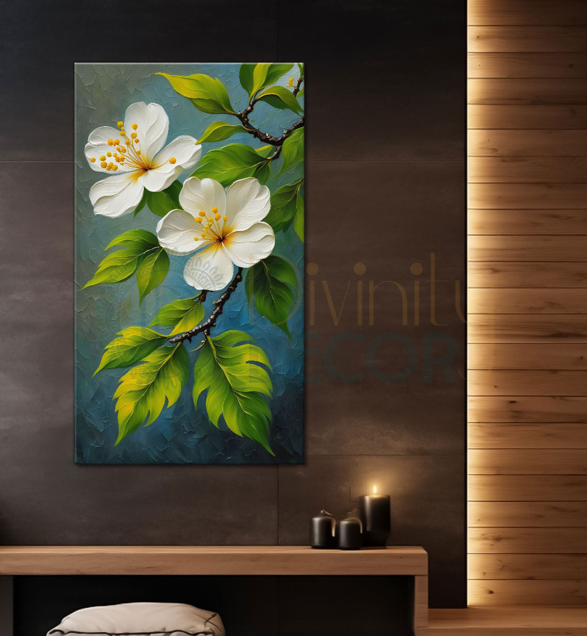 White flowers in green textured background painting- Flower-V-139