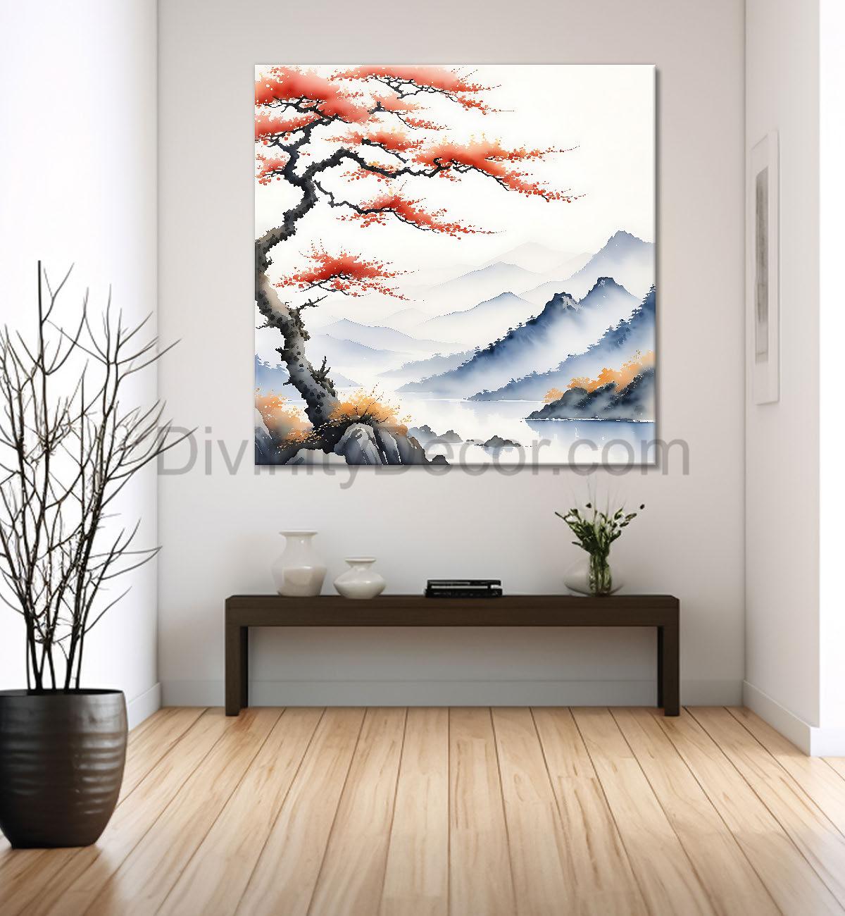 Mountains with tree water colour painting 24X24  - Nature Art -S-139