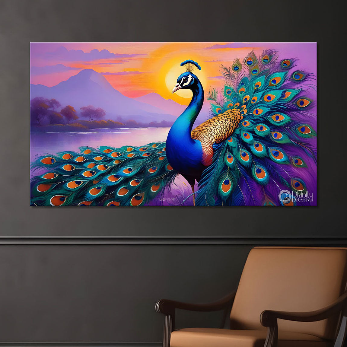 Peacock with purple mountains and flower background Canvas Painting - Design - Peacock-14