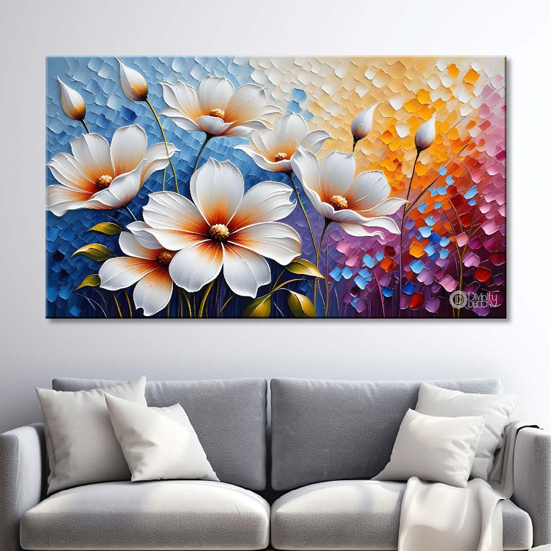 White flowers with the colorful background painting- Design - Flower-140