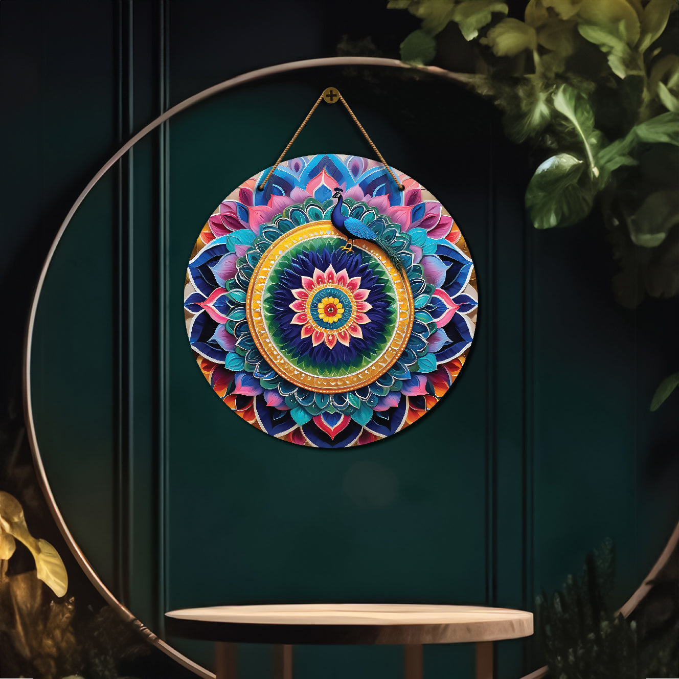 Peacock in blue and pink mandala Round Wooden Wall Hanging for wall Décor - Design - 140