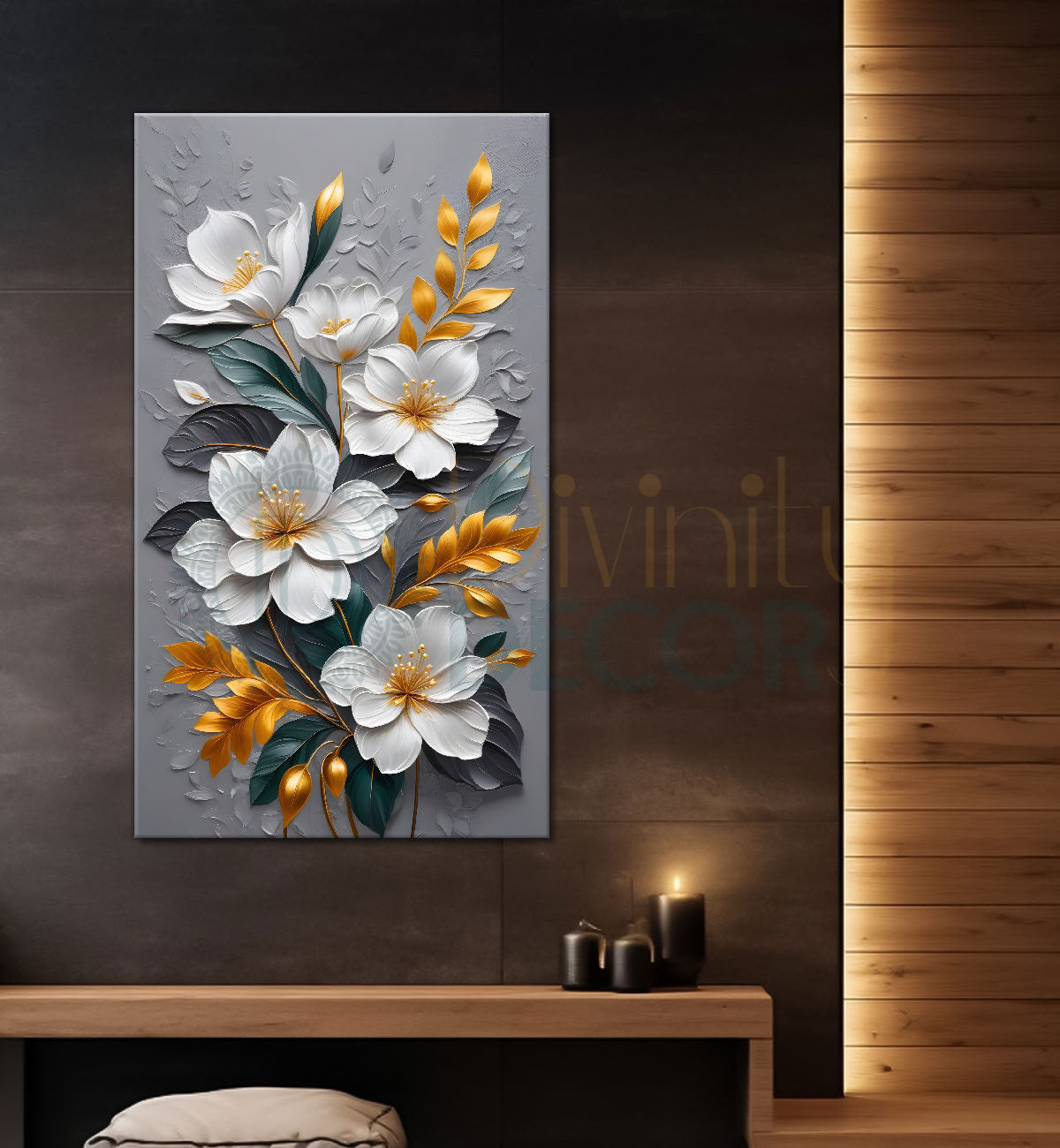 White flowers in grey textured background painting- Flower-V-140