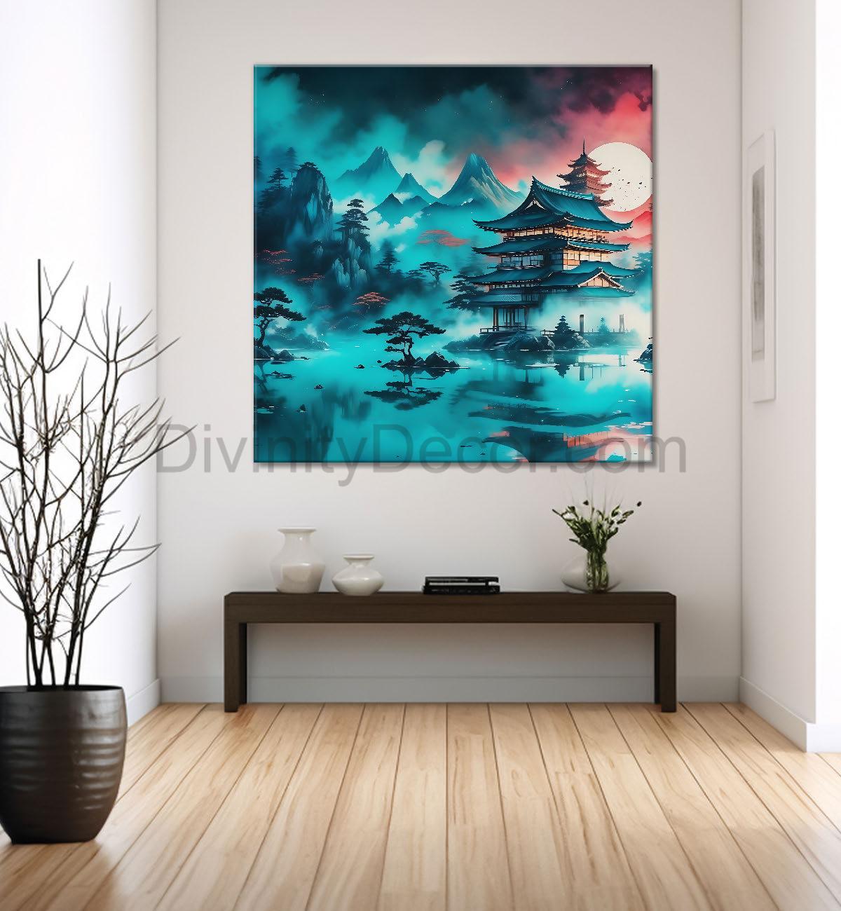 Mountains with aqua water colour painting  24X24 - Nature Art -S-140