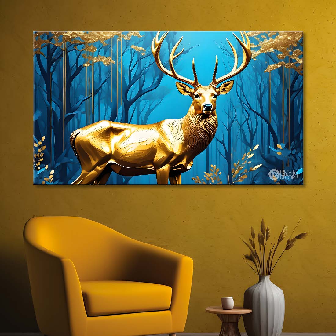 Golden deer with navy blue background textured art.- Design - Animal -141