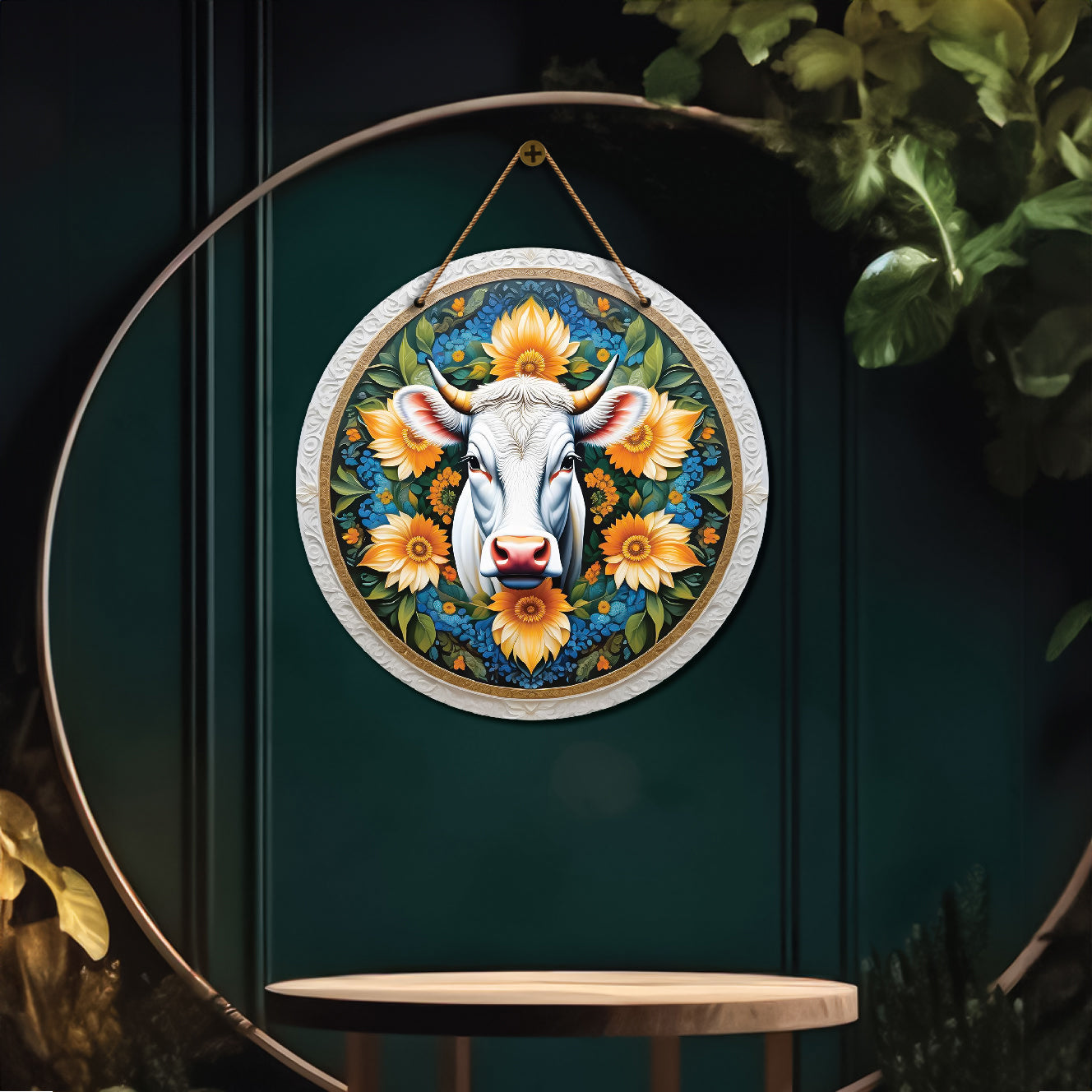 Cow in green and yellow mandala Round Wooden Wall Hanging for wall Décor - Design - 141