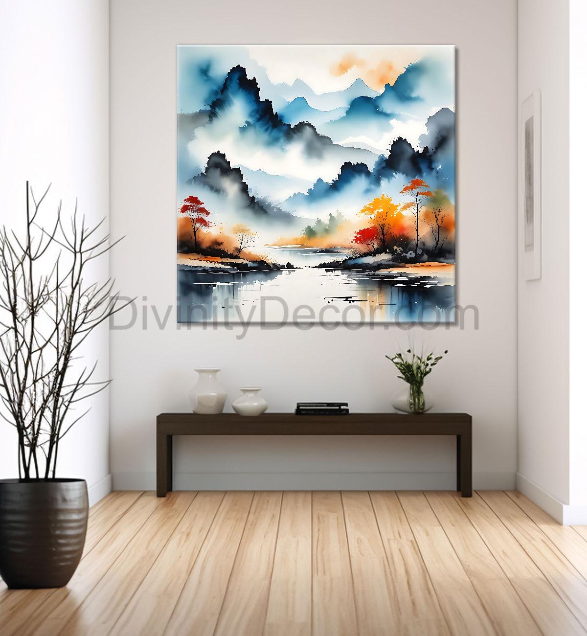 Mountains and river in water colour painting 24X24 - Nature Art -S-141