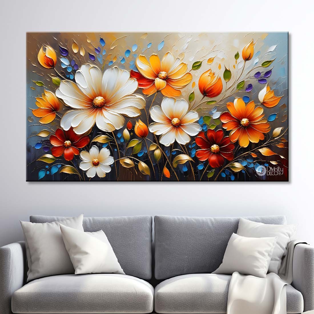 Colorful flowers with grey textured background painting- Design - Flower-142