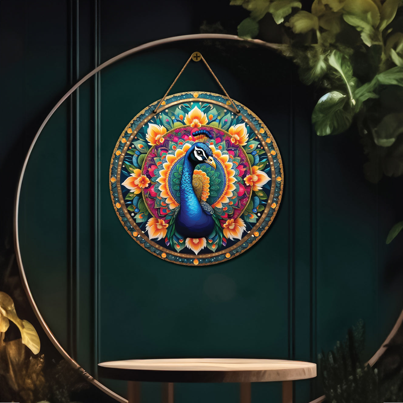 Peacock in green and yellow mandala Round Wooden Wall Hanging for wall Décor - Design - 142