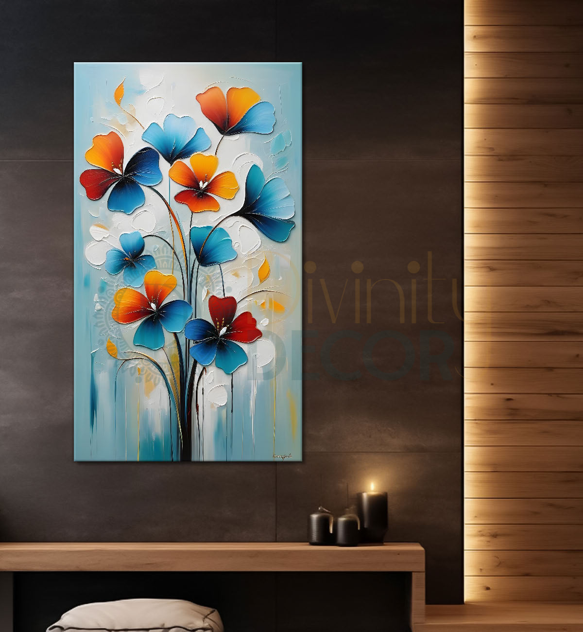 Blue and orange flowers in grey textured background painting- Flower-V-142