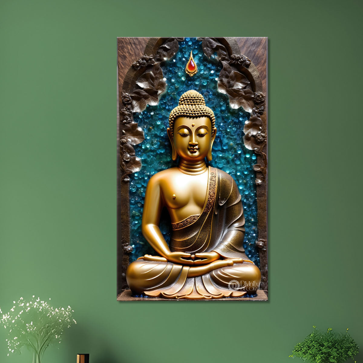 Golden textured buddha with blue background - Buddha-V-142