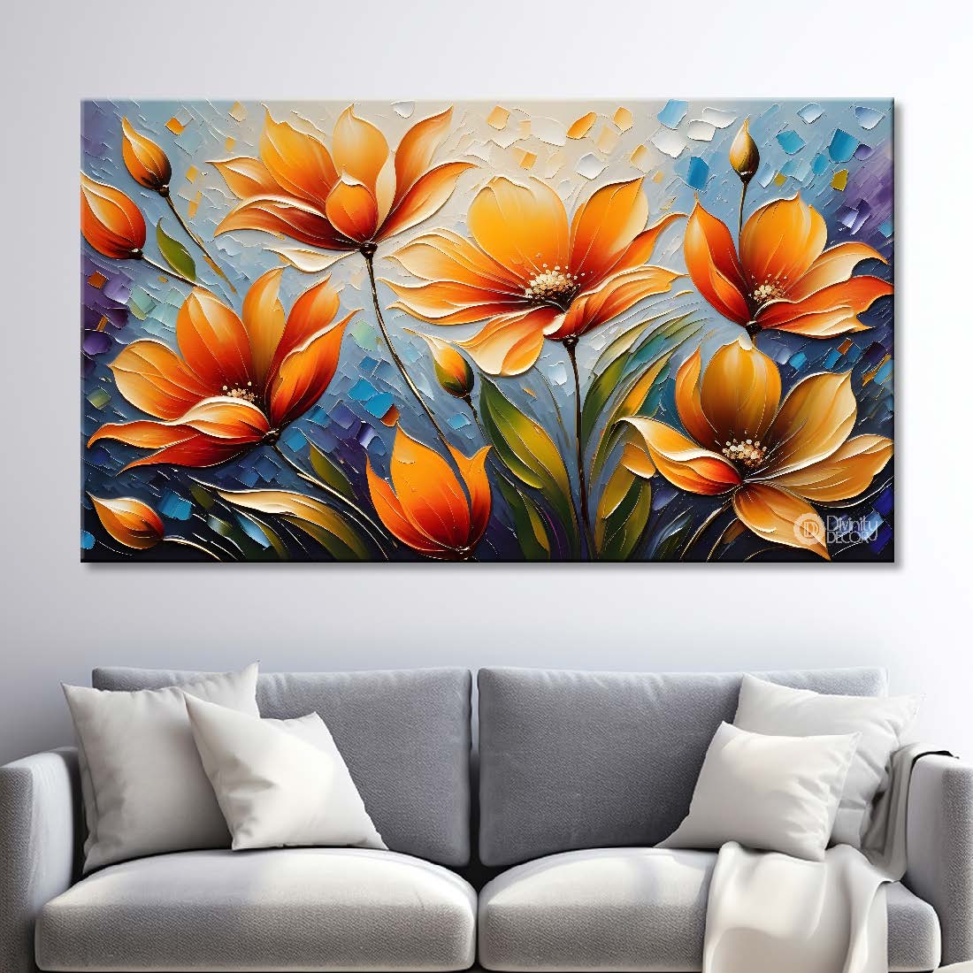 Orange flowers with blue background painting- Design - Flower-143