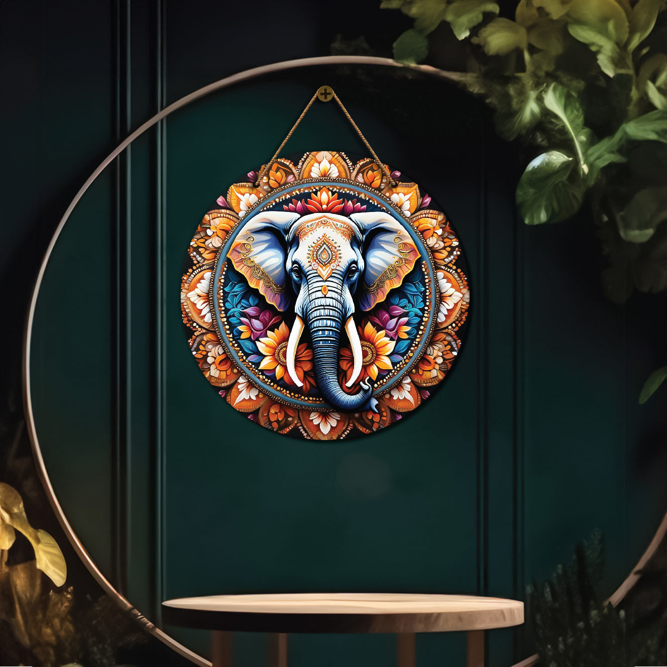 Elephant in blue and yellow mandala Round Wooden Wall Hanging for wall Décor - Design - 143