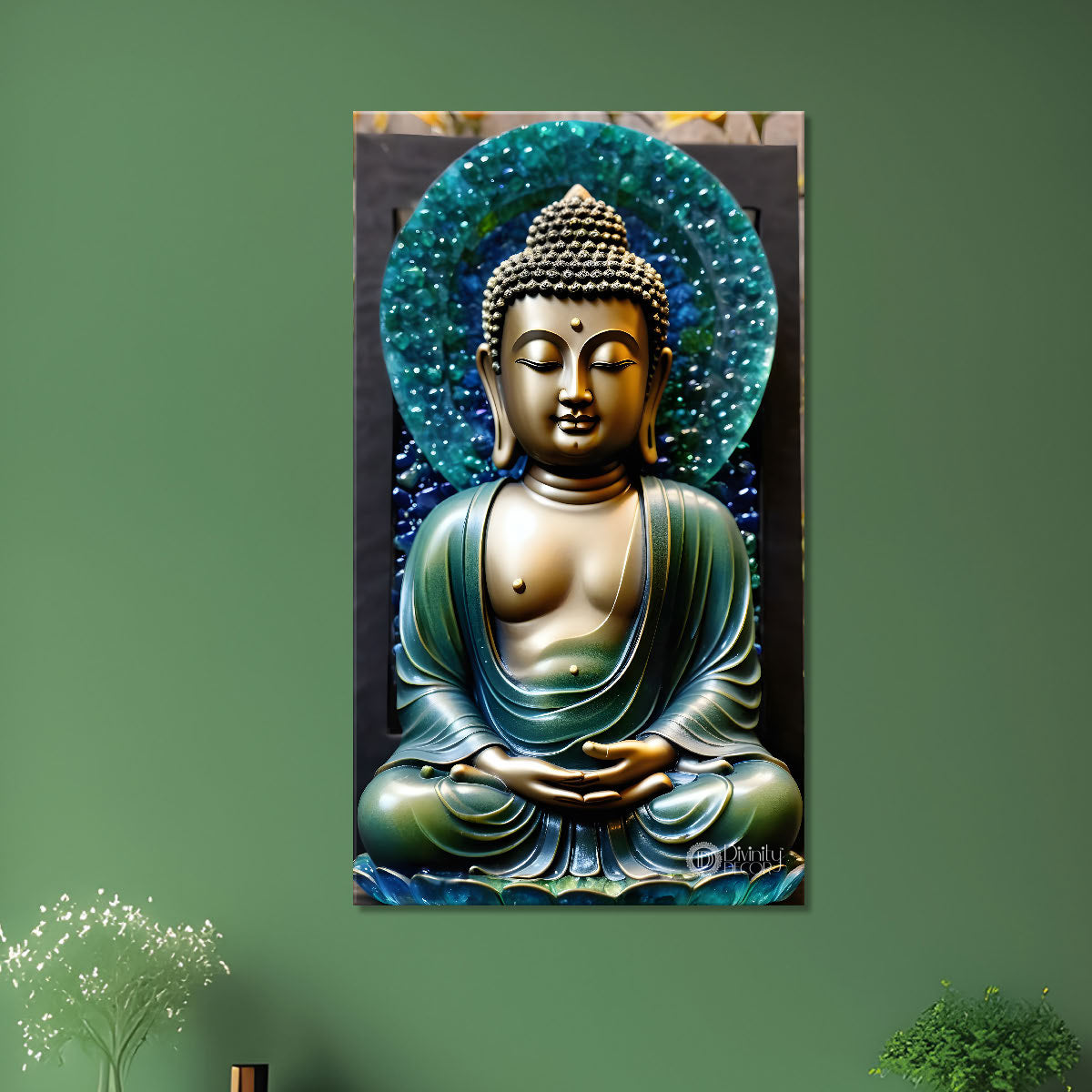 Golden buddha with blue chakra background painting - Buddha-V-143