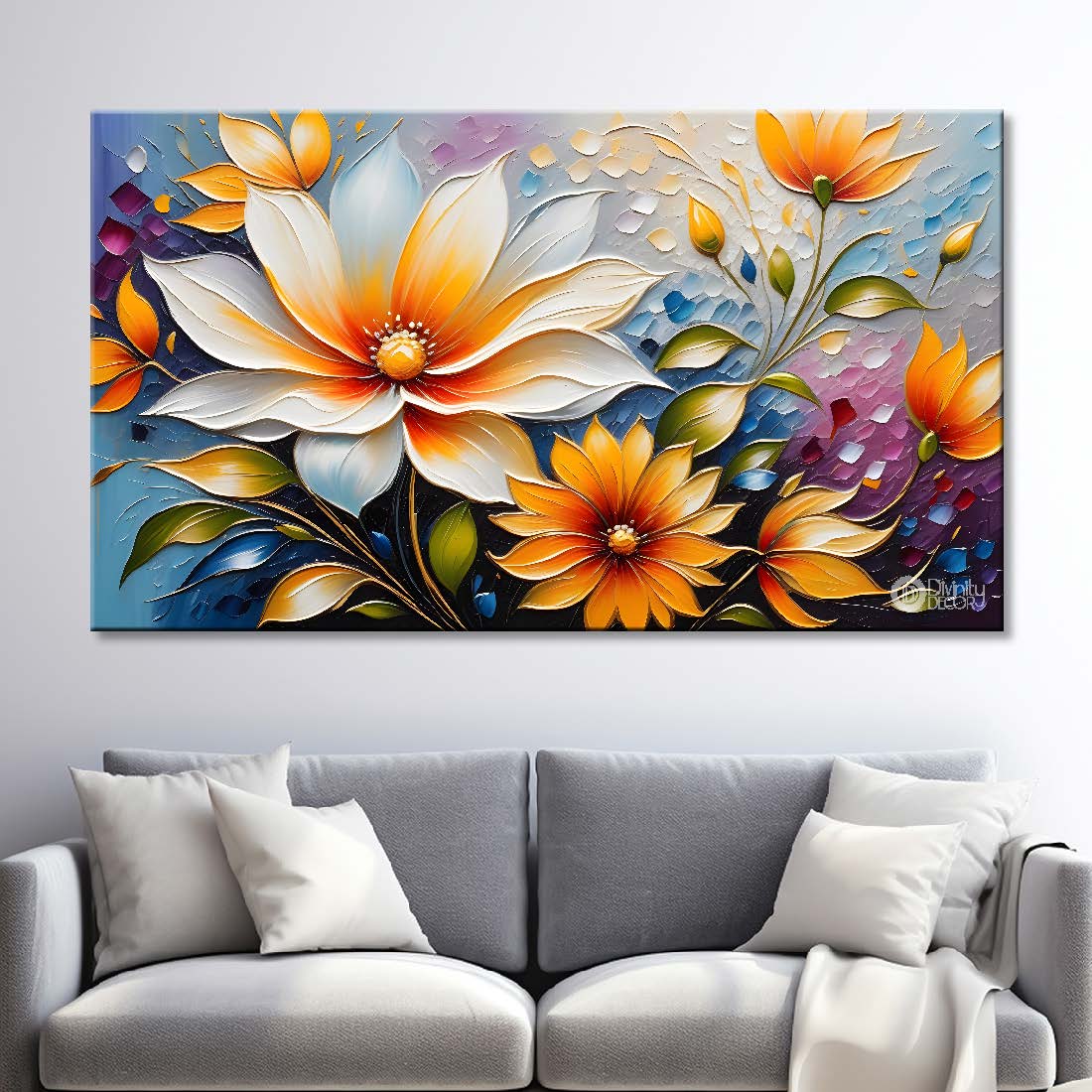 White and yellow  flowers with light background painting- Design - Flower-144